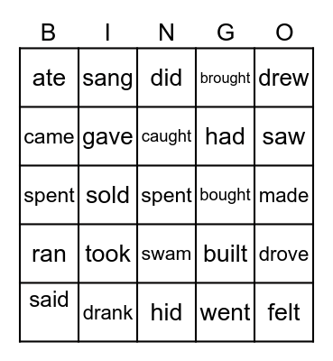 Irregular Verbs Bingo Card