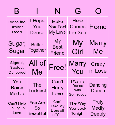 Bridal Shower Music Bingo Card