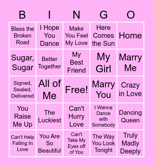 Bridal Shower Music Bingo Card