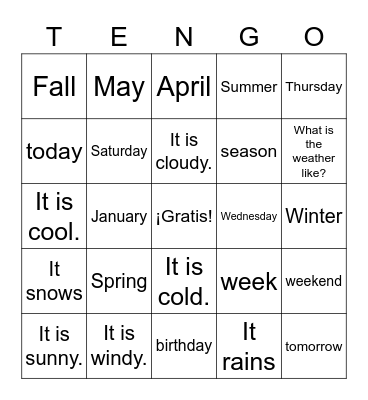 Weather, Days, Seasons, Months Bingo Card