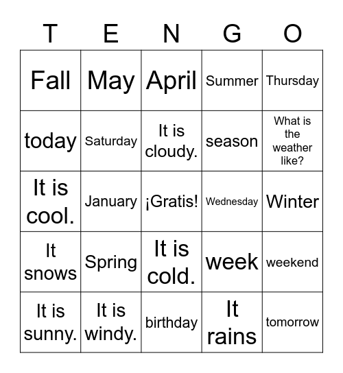 Weather, Days, Seasons, Months Bingo Card