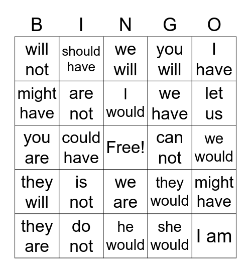 words to make contractions Bingo Card