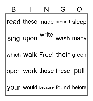 Sight Words Bingo Card