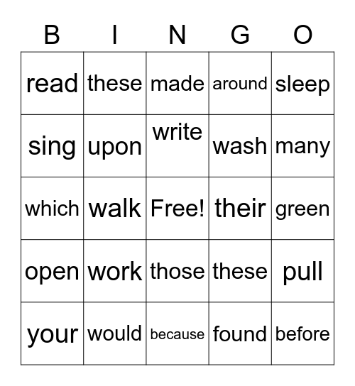 Sight Words Bingo Card