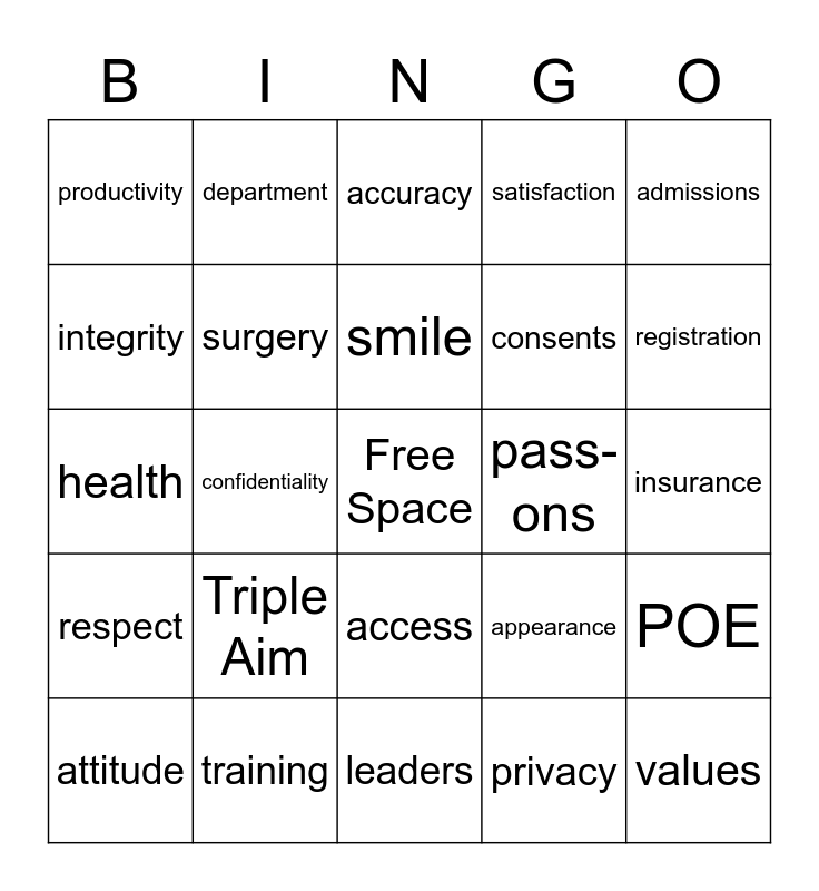 Patient Access Bingo Card