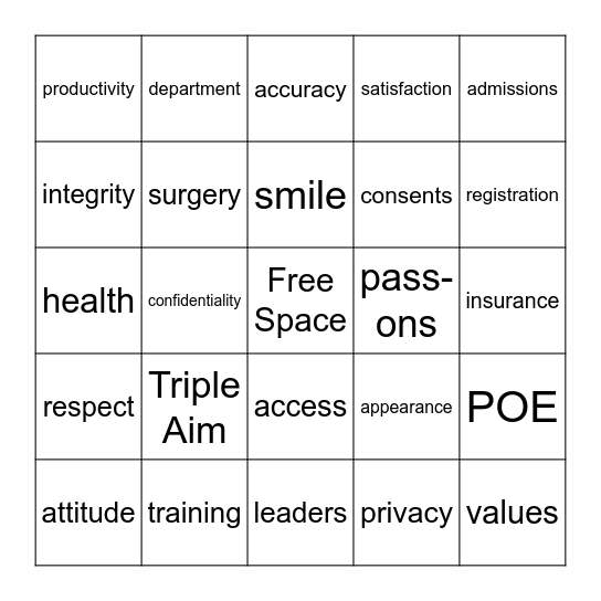 Patient Access Bingo Card