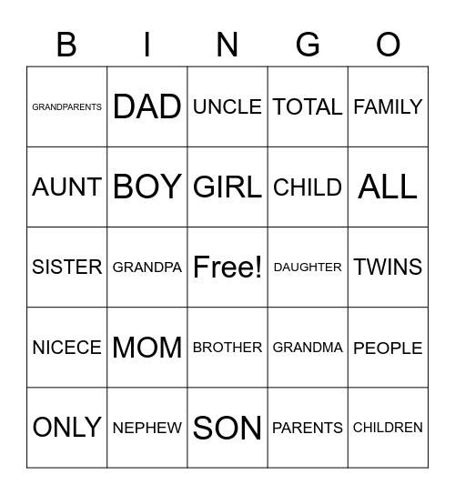 Family Bingo Card