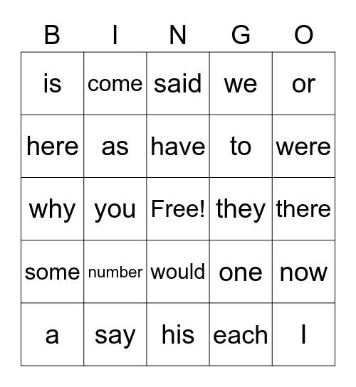 Trick Words Bingo Card