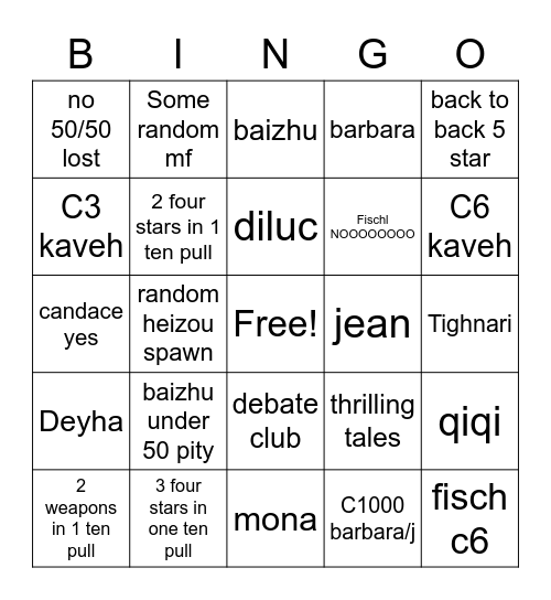 baizhu or ganyouu Bingo Card