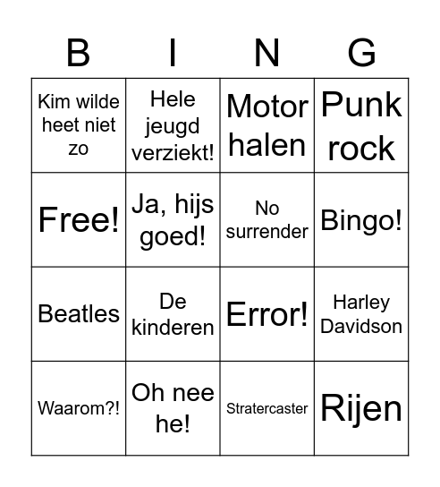 Johnny Kools Bingo Card