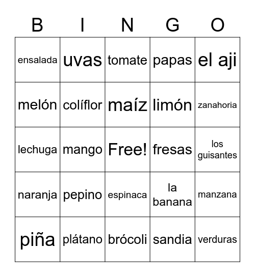 frutas y verduras Bingo Card