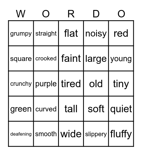 Adjectives of size, texture, shape, fellings, time, sound & colour Bingo Card