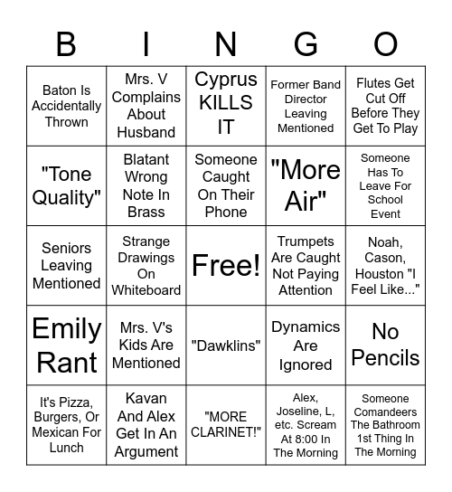 Band Room Bingo Card