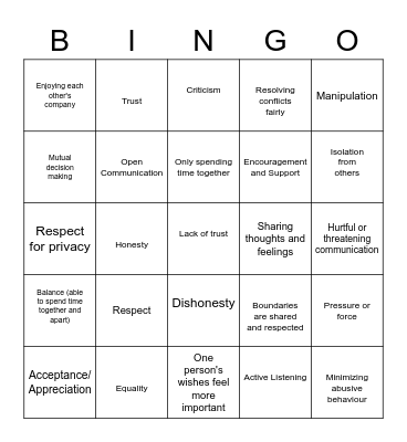Healthy Relationship BINGO Card
