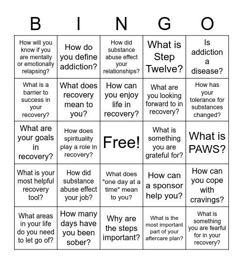 Recovery with Responsibility Bingo Card