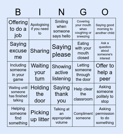 Manners Bingo Card