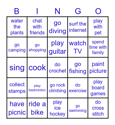 Free time activities Bingo Card