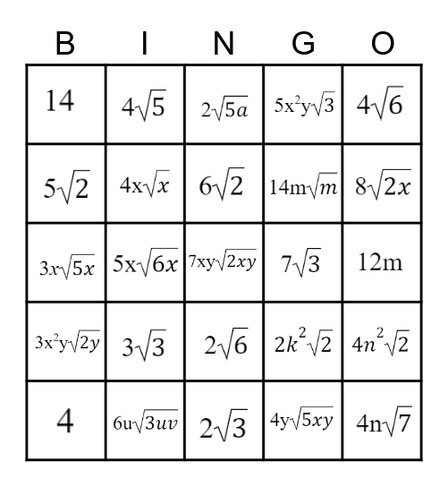 Simplifying Radical Expressions Bingo Card