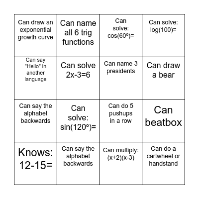 Precalculus Bingo Card