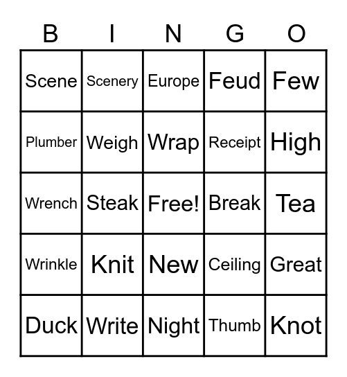 Silent Letter/Double Vowels Bingo Card