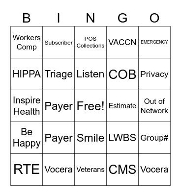 Patient Access Bingo Card