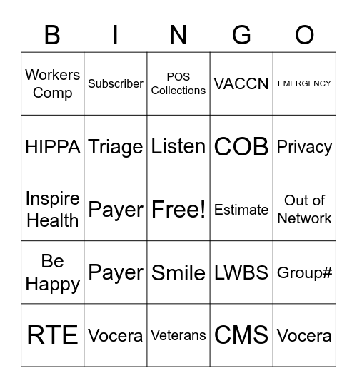 Patient Access Bingo Card