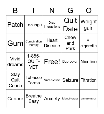 Smoking Cessation Bingo Card