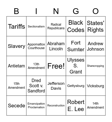 Civil War/Reconstruction Bingo Card