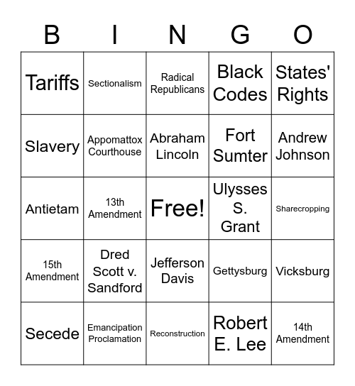 Civil War/Reconstruction Bingo Card