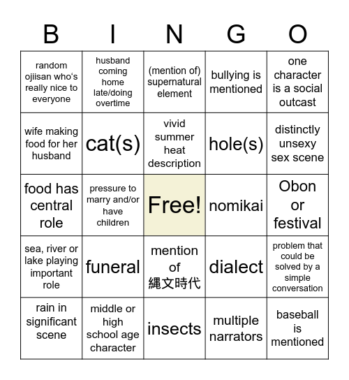 Japanese book theme bingo Card