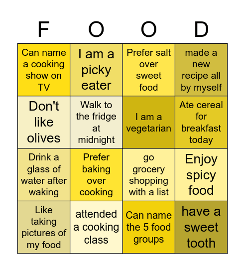 Food & Cooking Preferences Bingo Card