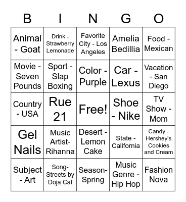 Colleens Favorite Bingo Card