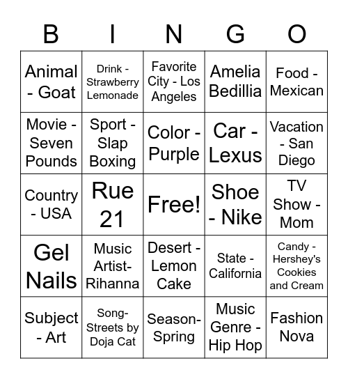 Colleens Favorite Bingo Card