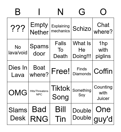 XQC mincraft Bingo Card