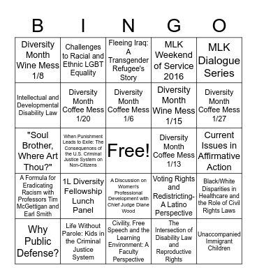 2016 Diversity Month Bingo Card