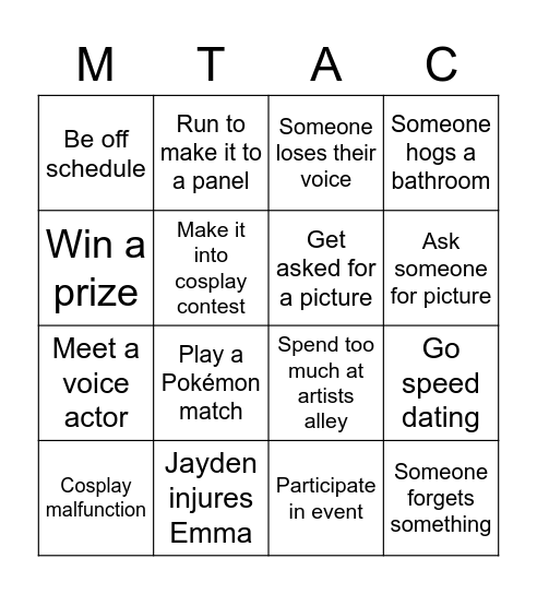 MTAC MAYHEM Bingo Card