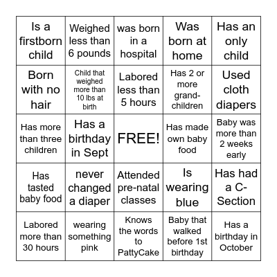 Grace and Aubrey's Baby Shower Bingo Card