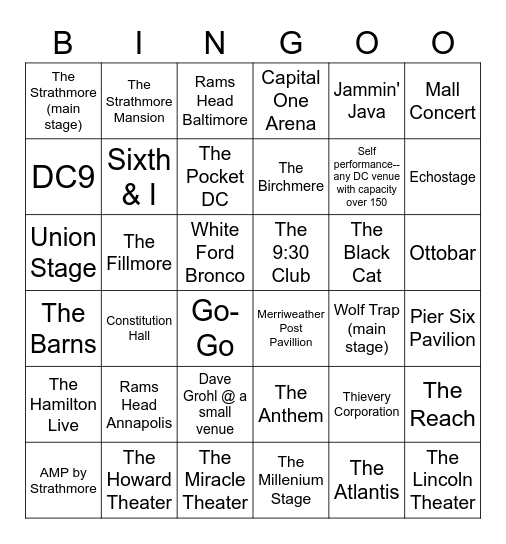 DC Music Bingo Card