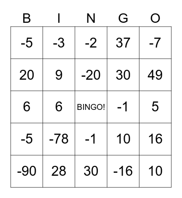 Bingo de Números Inteiros Bingo Card