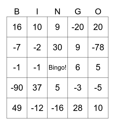 Bingo de Números Inteiros Bingo Card