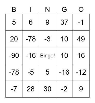 Bingo de números inteiros Bingo Card