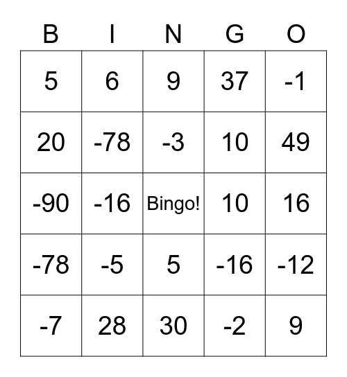 Bingo de números inteiros Bingo Card