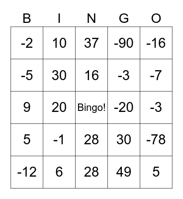 Bingo de Números Inteiros Bingo Card