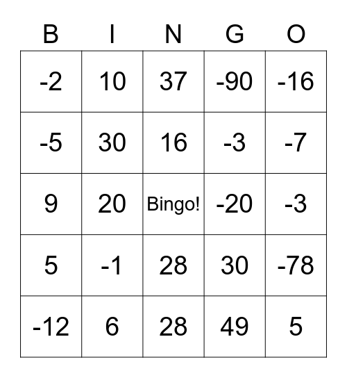 Bingo de Números Inteiros Bingo Card