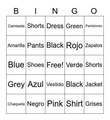 Color and Clothes Bingo! Bingo Card