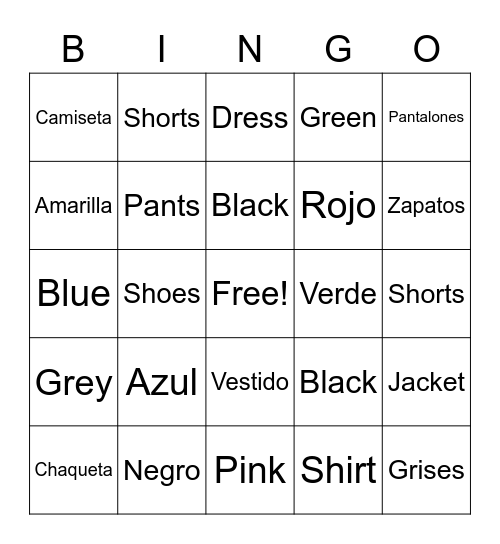 Color and Clothes Bingo! Bingo Card
