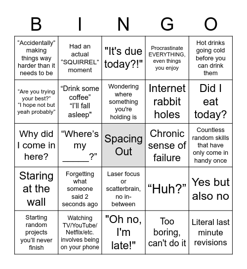 ADHD Bingo Card