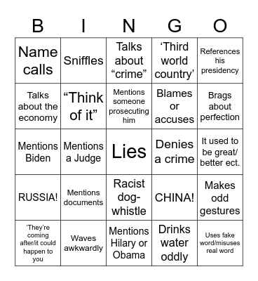 Trump Speech Bingo 2023 Bingo Card