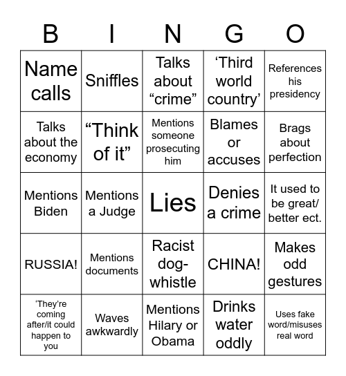 Trump Speech Bingo 2023 Bingo Card