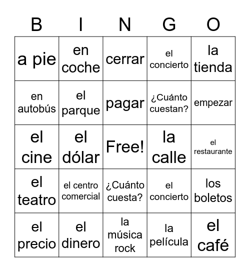 Transporte/Lugares/Dinero Bingo Card